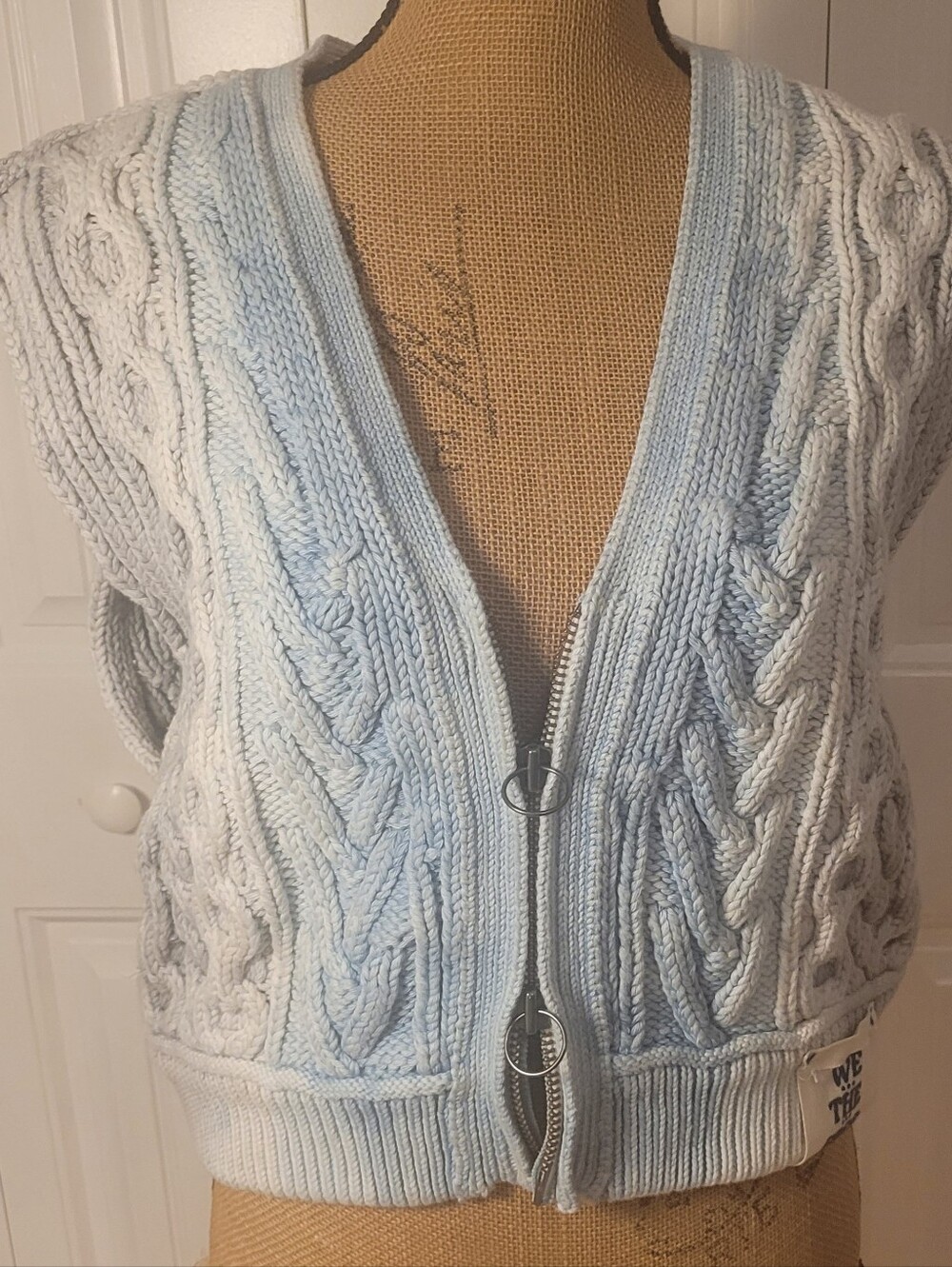 FREE PEOPLE/We the Free Blue Rain Cable Vest, NWT, M . . . SO Cute💙🩶🩵